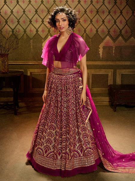 Myra Wine Embroidered Net Lehenga