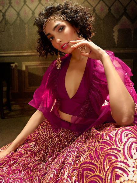 Myra Wine Embroidered Net Lehenga