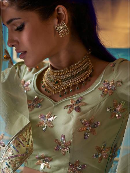 Myra Green Heavy Embroidered Net Lehenga