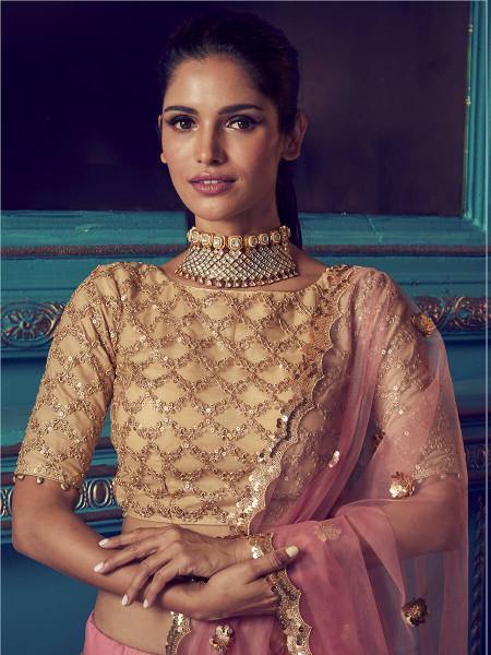 Myra Pink Heavy Embroidered Net Lehenga