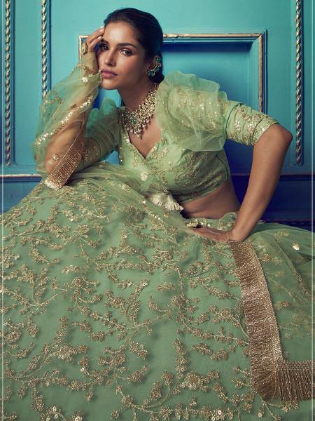 Myra Green Heavy Embroidered Net Lehenga