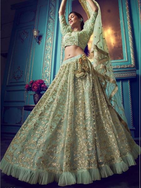 Myra Green Heavy Embroidered Net Lehenga