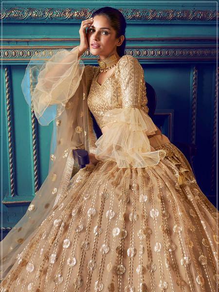 Myra Beige Heavy Embroidered Net Lehenga