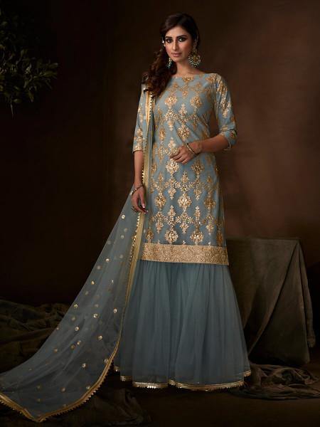 Myra Grey Soft Net Gharara Suit