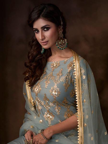 Myra Grey Soft Net Gharara Suit