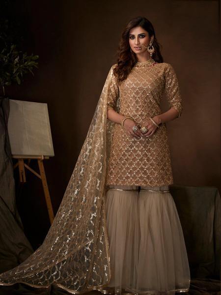 Myra Beige Soft Net Gharara Suit