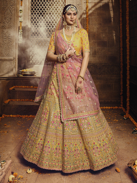 Myra Yellow Heavy Embroidered Organza Lehenga