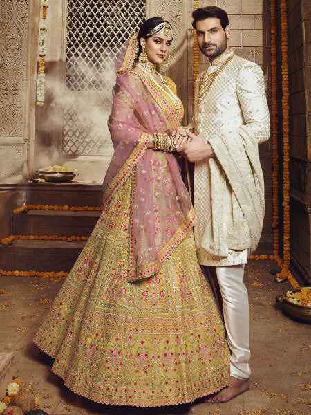 Myra Yellow Heavy Embroidered Organza Lehenga
