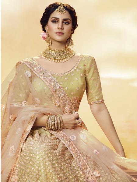 Myra Golden Heavy Embroidered Georgette Lehenga