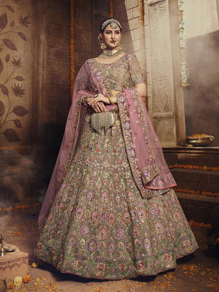 Myra Light Brown Heavy Embroidered Georgette Lehenga