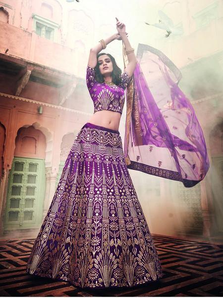 Myra Wine Art Silk Embroidered Lehenga
