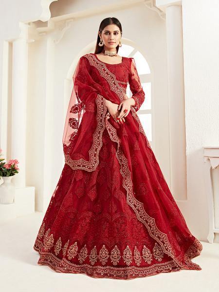 Myra Red Heavy Embroidered Net Lehenga