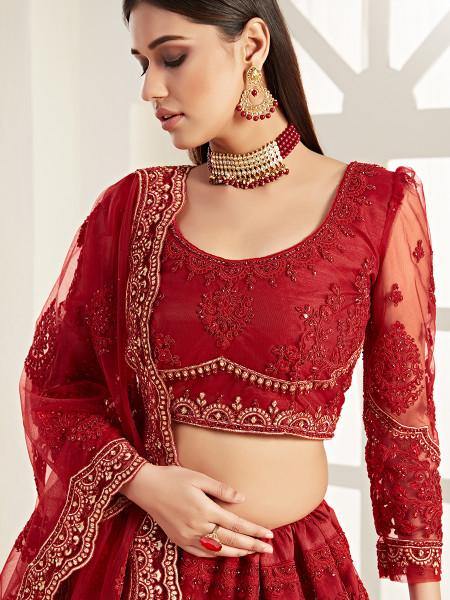 Myra Red Heavy Embroidered Net Lehenga