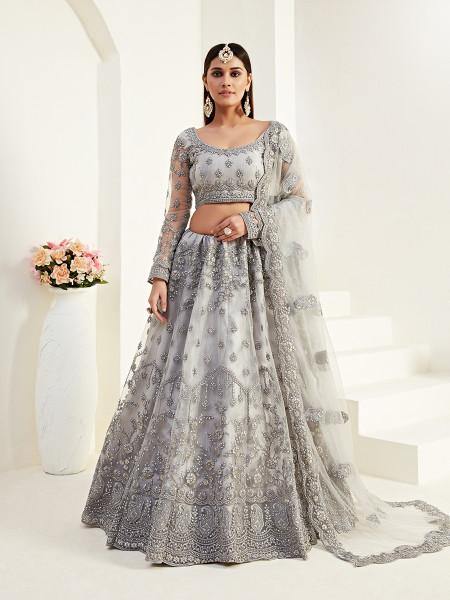Myra Light Grey Heavy Embroidered Net Lehenga