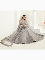 Myra Light Grey Heavy Embroidered Net Lehenga