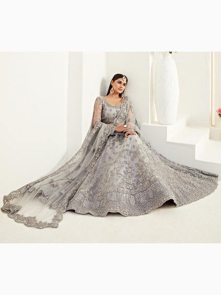 Myra Light Grey Heavy Embroidered Net Lehenga