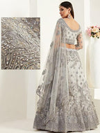 Myra Light Grey Heavy Embroidered Net Lehenga