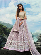Myra Cream and Lilac Net Embroidered Lehenga Choli
