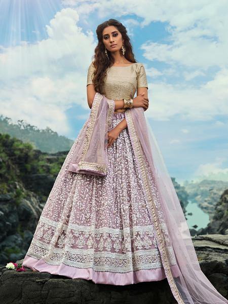 Myra Cream and Lilac Net Embroidered Lehenga Choli