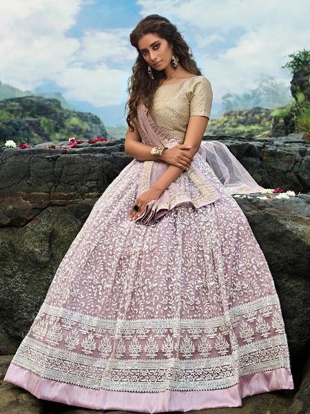 Myra Cream and Lilac Net Embroidered Lehenga Choli