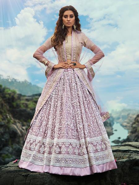 Myra Cream and Lilac Net Embroidered Lehenga Choli