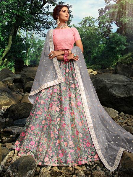 Myra Pink and Grey Net Embroidered Lehenga