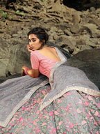 Myra Pink and Grey Net Embroidered Lehenga