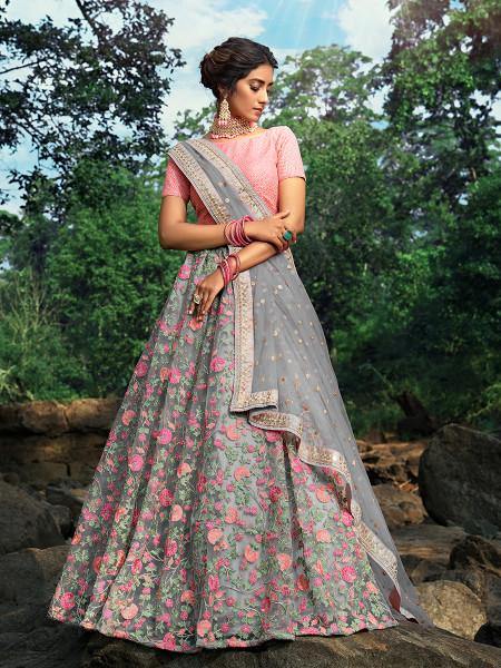 Myra Pink and Grey Net Embroidered Lehenga