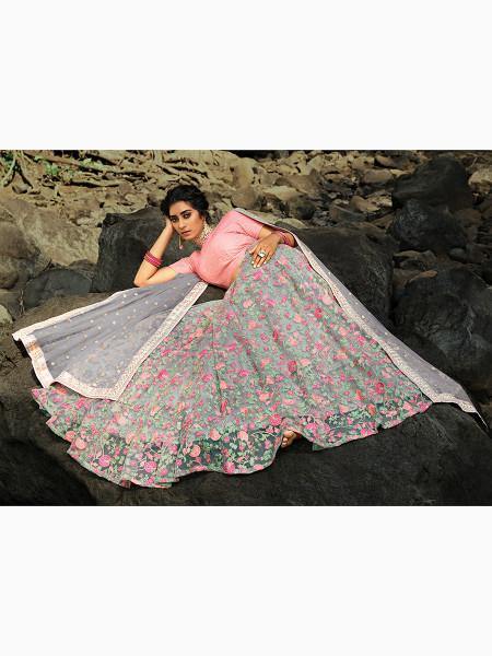 Myra Pink and Grey Net Embroidered Lehenga