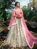 Myra Pink and Light Green Embroidered Net Lehenga