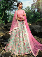 Myra Pink and Light Green Embroidered Net Lehenga
