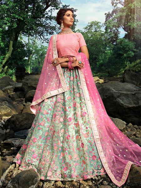 Myra Pink and Light Green Embroidered Net Lehenga