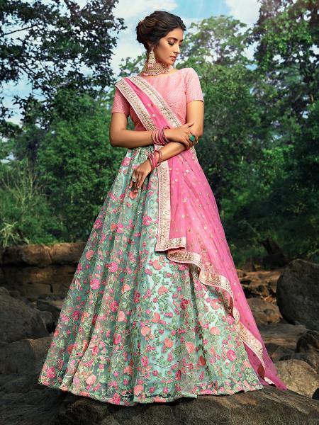 Myra Pink and Light Green Embroidered Net Lehenga