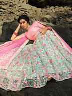 Myra Pink and Light Green Embroidered Net Lehenga