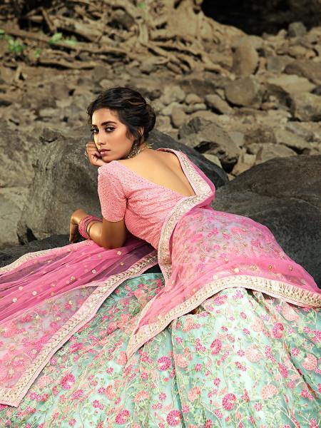 Myra Pink and Light Green Embroidered Net Lehenga