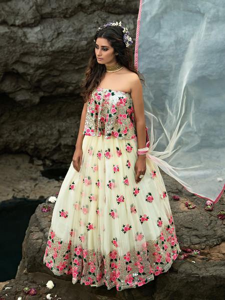Myra Multi and Off White Net Heavy Embroidered Lehenga