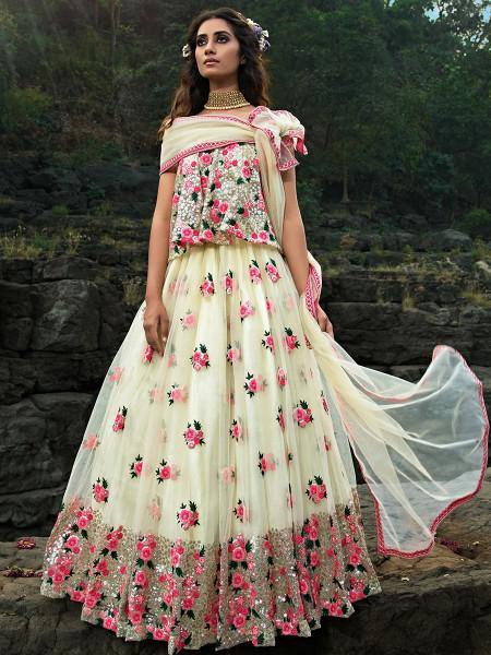 Myra Multi and Off White Net Heavy Embroidered Lehenga