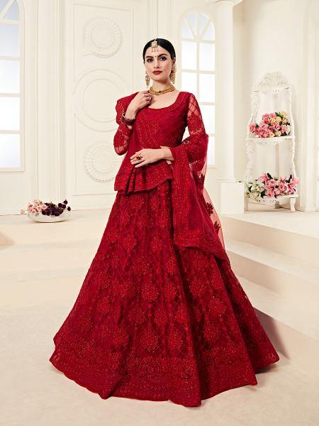 Myra Red Heavy Embroidered Net Lehenga