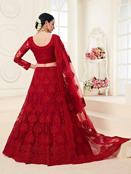 Myra Red Heavy Embroidered Net Lehenga
