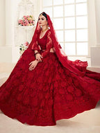 Myra Red Heavy Embroidered Net Lehenga