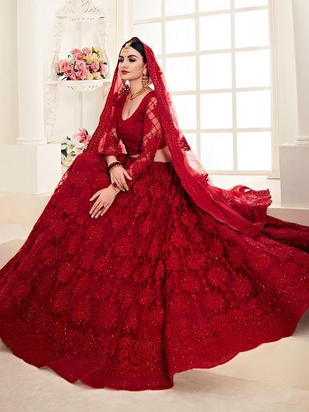 Myra Red Heavy Embroidered Net Lehenga