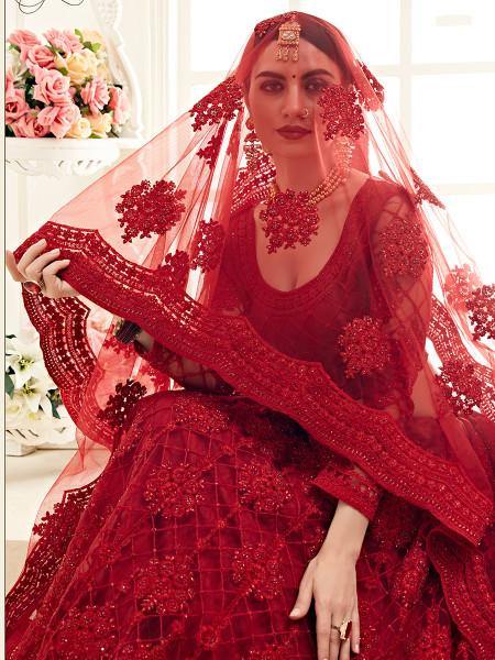 Myra Red Heavy Embroidered Net Lehenga