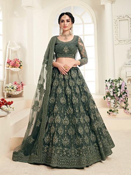 Myra Dark Olive Heavy Embroidered Net Lehenga