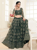 Myra Dark Olive Heavy Embroidered Net Lehenga
