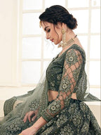 Myra Dark Olive Heavy Embroidered Net Lehenga