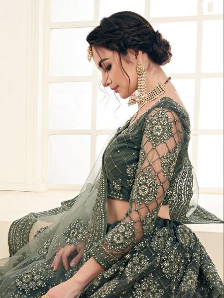 Myra Dark Olive Heavy Embroidered Net Lehenga