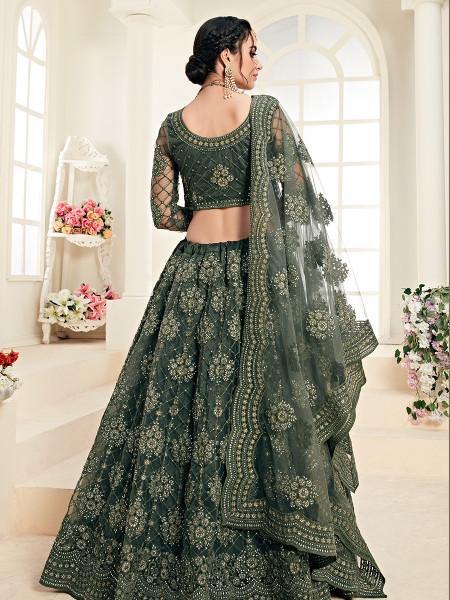 Myra Dark Olive Heavy Embroidered Net Lehenga