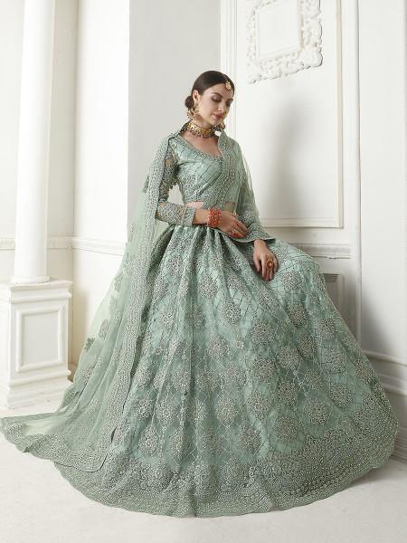 Myra Aqua Blue Heavy Embroidered Net Lehenga