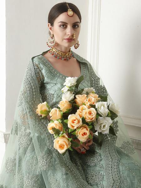 Myra Aqua Blue Heavy Embroidered Net Lehenga