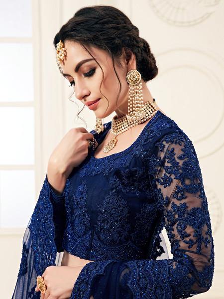 Myra Deep Blue Heavy Embroidered Net Lehenga